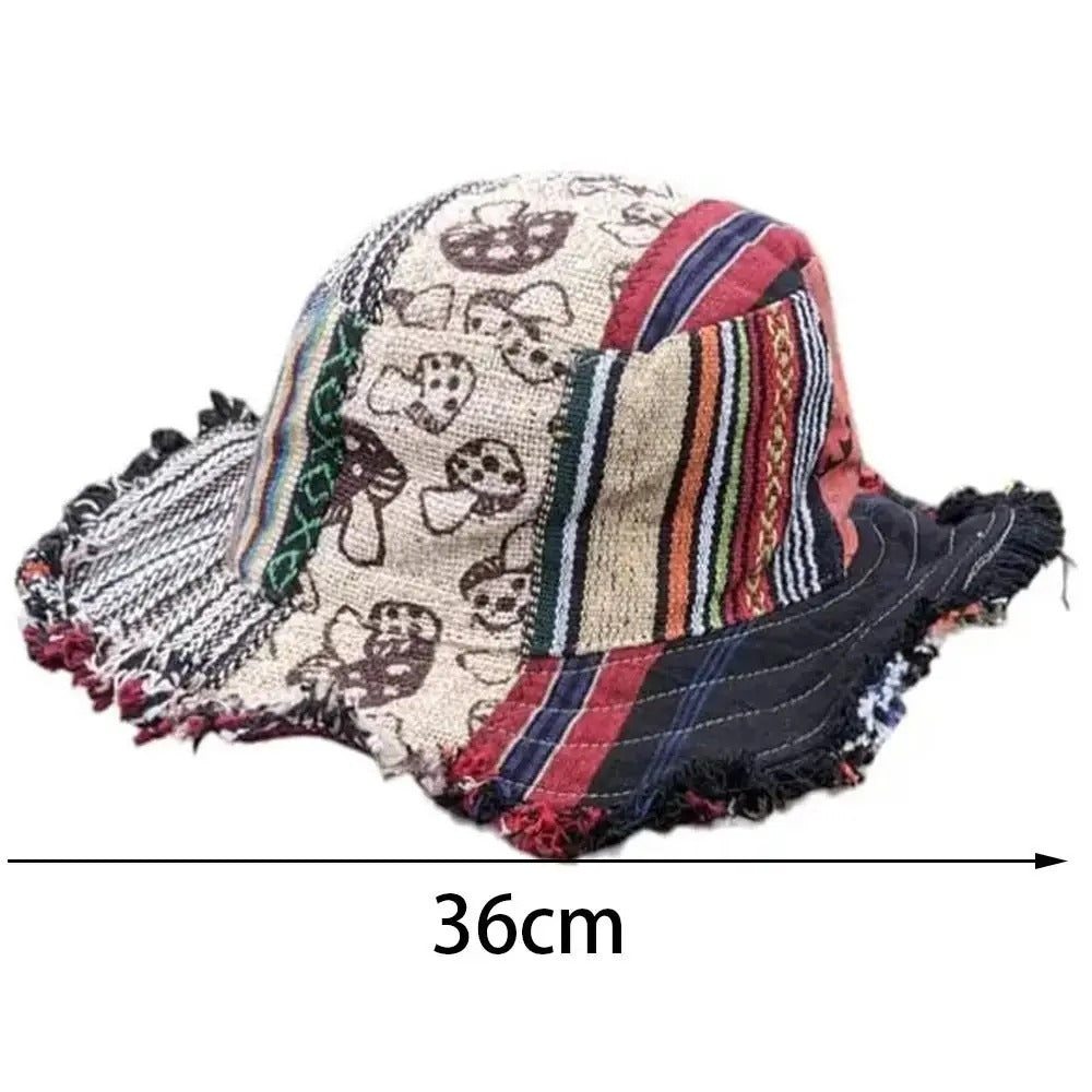 Colorful patchwork hat with butterfly pattern and measurement label